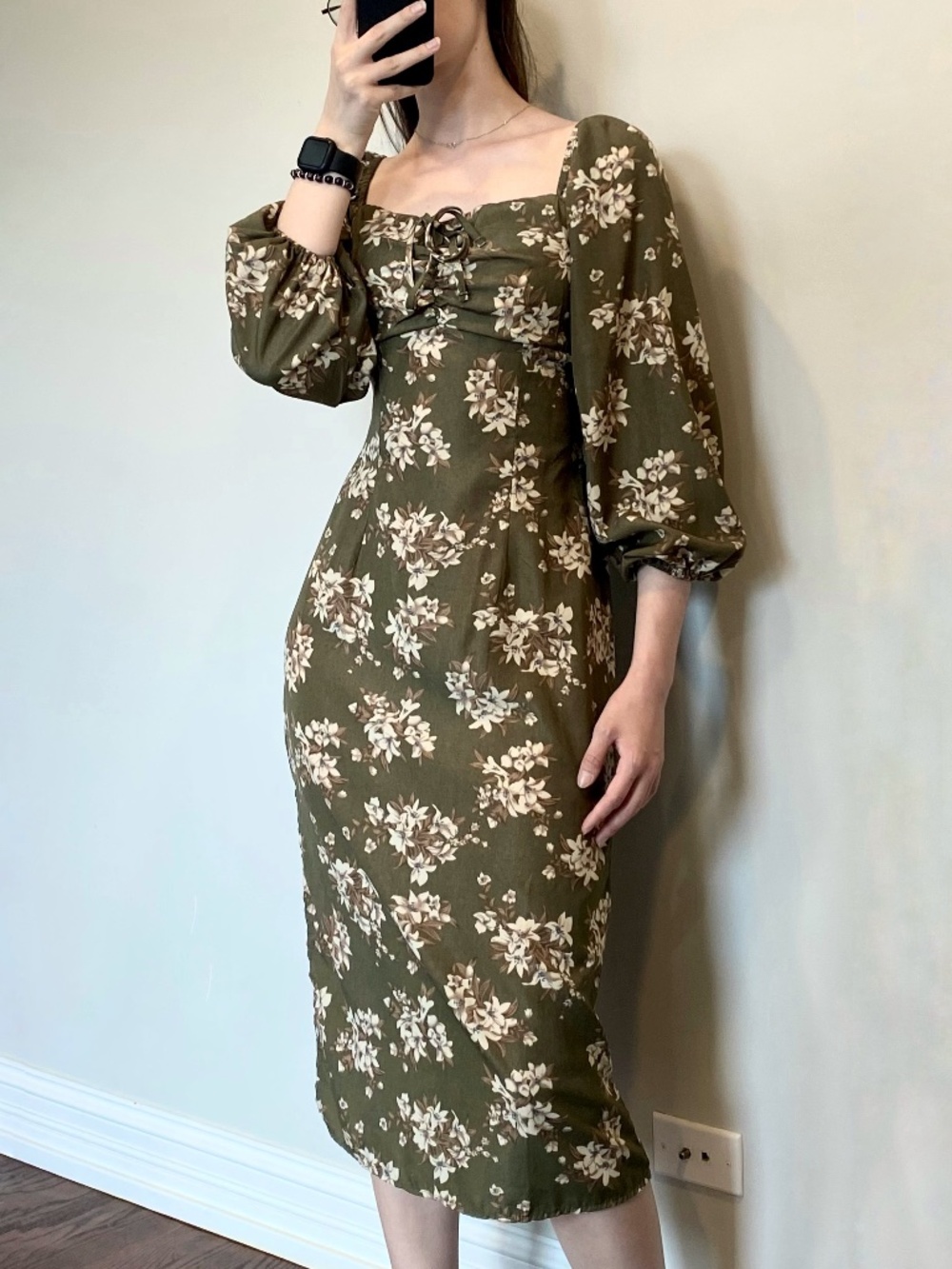 Women’s Floral Midi Dress Size S Green Cottagecore Long Sleeve Lace Up